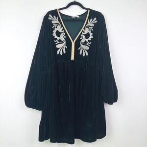 Rusttydustty Velvet Mini Dress Womens 4XL Green Boho Embroidered V-Neck